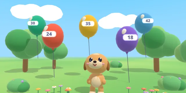 Hunden Bosse tittar upp på ballonger med tal på en äng